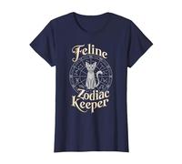 Feline Zodiac Keeper Design T-Shirt, Women, Navy Blue, Small