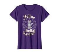 Feline Zodiac Keeper Design T-Shirt, Women, Purple, Small