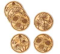 FELISTEYA Artisan Wooden Coasters Set of 6 - Laser-Engraved Drink Coasters (10cm), Nature-Inspired Cup Coaster with Floral and Butterfly Motifs for Home Decor and Wooden Gifts - Wood Coaster Model 2