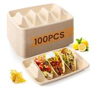 FELISTORY 100 PCS Disposable Taco Holders for Party, Bagasse Pulp 3-Slot Taco Plates, 3 Dividers Taco Tuesday Stand, Recyclable Plant Fiber Food Serving Tray for Taco Sandwich Pancake Hot Dog