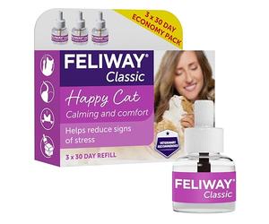 FELIWAY Classic Cat Calming Pheromone Plug-In Diffuser Refill, 3 Refills | Helps Solve Common Signs of Stress in Cats Like Urine Spraying, Scratching and Hiding, Drug-Free, Odourless, 90 day refill