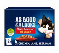 Felix As Good As It Looks Meaty Selection in Jelly - 12 x 85g (3 each - Beef, Chicken, Lamb & Ham) - Premium Wet Cat Food Pouches for Adult Catswith Welari Thank You Card | (12 Pack)