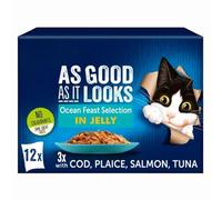Felix As Good As It Looks Ocean Feast in Jelly - 12 x 100g Wet Cat Food Pouches (3 each - Cod, Plaice, Salmon & Tuna) - Premium Fish Meals for Adult Cats with Welari Thank You Card | (12 Pack)