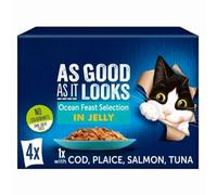 Felix As Good As It Looks Ocean Feast in Jelly - 4 x 100g Wet Cat Food Pouches (1 each - Cod, Plaice, Salmon & Tuna) - Premium Fish Meals for Adult Cats with Welari Thank You Card | (4 Pack)