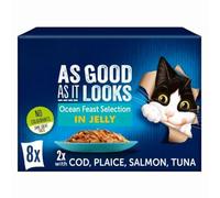 Felix As Good As It Looks Ocean Feast in Jelly - 8 x 100g Wet Cat Food Pouches (2 each - Cod, Plaice, Salmon & Tuna) - Premium Fish Meals for Adult Cats with Welari Thank You Card | (8 Pack)