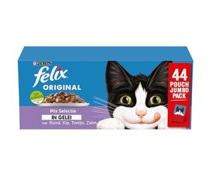 Felix Mix Selection in Jelly Cat Food, Wet Food Bag with Beef, Chicken, Salmon & Tuna, 44 x 85 g (44 Bags; 3.7 kg)