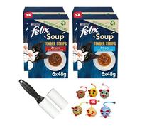 Felix Soup Tender Strips Cat Soup Pouches 6x48g - 2x Meat (Beef/Chicken/Lamb) + 2x Fish (Cod/Tuna/Plaice) - 24 Pouches Total - Bundled with Lint Roller & Cat Toy by Happy Feeling Gifts | Wet Cat Food