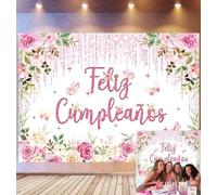 Feliz cumpleaños Backdrop Pink Floral Birthday Backdrop for Photography Glitters Rose Butterfly Party Banner for Women Girls Baby Shower Photo Booth Supplies (7X5FT)