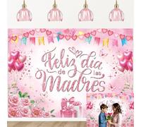 Feliz Dia De Las Madres Backdrop Pink Rose Floral Heart Love Glitter Spanish Mother's Day Photography Background Girl Women Mom Birthday Party Decorations Banner Photo Props (8x6FT)