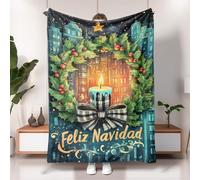 Feliz Navidad Holiday Cozy Blanket, Green Candle Wreath Festive Throw, Xmas Soft Plush Warm Bed Blanket for Home Decor, All Season Comfort 60x80 Inch
