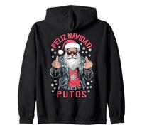 Feliz Navidad Putos Funny Rude Spanish Santa Middle Finger Zip Hoodie