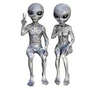 Fellflying 2 Alien Statue, 15cm Alien Extra Terrestrial Statue - Art Outer Space Alien Grays Peace Dude Shelf Sitters Statue Figurine - Resin Art Outer Space Alien Figurine Home Decoration