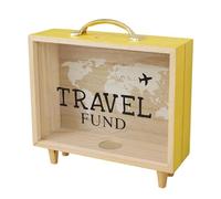 Fellflying Travel Box For Memories, Wooden Box Frame with Slots, Saving Money Box with World Map and Plane Design, Modern Tabletop Decoration (20,5x18,5x7cm)