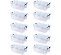 BANKERS BOX 10pk x 10L Plastic Storage Boxes with Lids. ProStore Super Strong Stackable Plastic Storage Boxes (14 x 34 x 21.5cm), Made in the UK, Clear