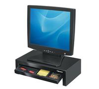 Fellowes Computer Monitor Stand with 3 Height Adjustments - Designer Suites Monitor Riser with Storage Tray - Ergonomic Adjustable Monitor Stand for Computers - Max Weight 18KG/Max Size 21" - Black/Pe