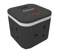 Fellowes Power Cube - Compact Extension Lead with 3 UK Sockets, 2 USB-C, 1 USB-A, 2m Cable & On/Off Switch - Space-Saving Multi-Port Charger for D
