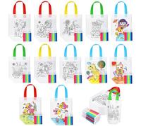 Felly Kids' Party Favours, 12Pcs DIY Graffiti Bags and 12 * 6 Watercolor Pens, Color Your Own Tote Bag, Eco Reusable for School Birthday Christmas Gifts Party Children Boys Girls