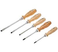 Felo - 33595198 07157 22155 Slotted and Phillips Wood Handle Screwdrivers, Set of 5 Chrome Finish Blade w/Beechwood Grip