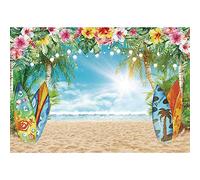 Felortte 10x8FT Polyester Fabric Summer Hawaiian Beach Backdrop Sky Ocean Tropical Flower Palm Leaves Surfboard Photography Background for Luau Aloha Party Decoration Banner Picture Photo Booth