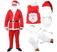 Felt Adults 9 Pc Santa Clause Father Christmas Costume and Santa Sack - XLarge - Gloves, Glasses, Hat, Beard, Eyebrows and Santa Sack Santa Fancy Dress
