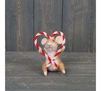 Felt Brown Mouse Bauble with Large Heartshaped Candy Cane, Hanging Woollen Mouse with Red & White Stripy Candy Cane Bauble, Hanging Christmas Mouse Ornament Figurine