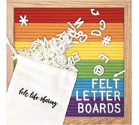 Felt Like Sharing Rainbow Colorblock Felt Letter Board 10"x10", Changeable Letter Board + 300 White Plastic Letters, Warm Oak Frame Wooden Letter Board w/Sawtooth Wall Hanger & Drawstring Pouch