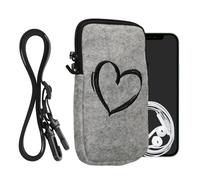 kwmobile Felt Phone Bag with Design L - 6.5" - 16.5 x 8.9 cm Strap Holder - Brushed Heart Black/Light Grey