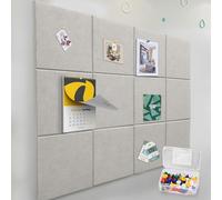 Felt Wall Tiles Bulletin Board with Removable Adhesive, 47"x35" Beige Cork Board Alternative with 40 Push Pins, 12 Pack Large Office Cork Tile Push Board Felt Squares for Walls