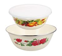 FELTECHELECTR 2 Sets Enamel Food Storage Bowls with Lids, 18cm and 22cm Thickened Vintage Style Soup and Salad Bowls for Kitchen and Office Fresh Keeping