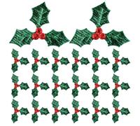 FELTECHELECTR 200pcs Faux Red Berries Mini Holly Berry Stems with Fabric Triple Leaf Appliqué, Easy to Place Iron-on Christmas Embellishments for Holiday Scrapbooking and Festive Centrepiece