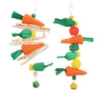 FELTECHELECTR 2pcs Small Animal Chew for Hamsters and Rabbits - Carrot and Corn Straw Rope Chewing Strings with Bell - Hanging Molar for Guinea Pigs, Bunny Teeth Grinding and Cage Entertainment