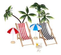 FELTECHELECTR Beach Micro Landscape Miniature Set with 2 Coconut Palm Trees, 2 Mini Parasols, 2 Beach Deck Chairs (red Black), 2 Mini Beverages, round Coffee Table for Dollhouse Decoration