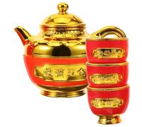 FELTECHELECTR Gilded Tea Pot and 3pcs Worship Cups Set for Household Offering, Retro Buddhist Sacrifice Water and Tea Serving Set, Auspicious Red and Gold Decorative Ritual Vessel for Altar Use