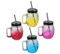 FELTECHELECTR Gradient Glass Cups and Spill Proof Design 4pcs with Leak-Proof Lid Stylish Pineapple Decor Drinking Cups Sturdy Glass Juice and Water Tumblers for Work and School
