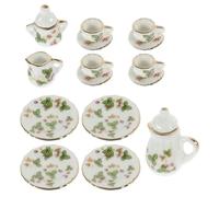 FELTECHELECTR Miniature Ceramic Tea Set with Teapot and Cups, Dollhouse Tiny Kitchen Accessories for Pretend Play, Green Leaf Gold Rim Design, Dollhouse Supplies Set