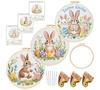 Feltsky 3 Pack Easter Bunny Embroidery Kits with 1 Hoop, Color Threads, Needles, Instruction, Full DIY Materials for Beginners 8inch