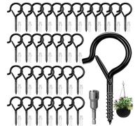 Feluxor 36 Piece Screw Hooks for Garden Lights, Ceiling Hooks with Safety Latch, Stainless Steel Screw Hooks in Black with Safety Fastener for Plant Baskets, Birdhouses, Wind Chimes, and String Lights