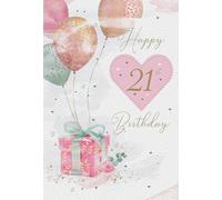 Female 21st Birthday Card for Her - Age 21 - Balloons and Present - Special Finishes Illustrated Insert Leaf - Made in the UK - Eco-Friendly