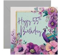Female 55th Birthday Card, Beautiful Peacock and Floral Design, Square Card, Blank Inside with Envelope