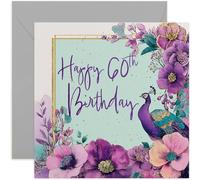Female 60th Birthday Card, Beautiful Peacock and Floral Design, Square Card, Blank Inside with Envelope