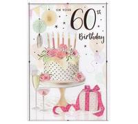 Female 60th Milestone Birthday Card - Age 60 - Floral Cake and Wrapped Gift with an Embossed Foil Finish - by ICG