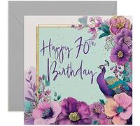 Female 70th Birthday Card, Beautiful Peacock and Floral Design, Square Card, Blank Inside with Envelope