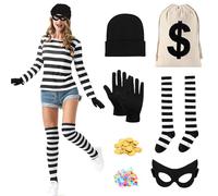 Female Bandit Costume Set, Halloween Police and Bandit Theme Outfit Includes Black and White Striped TShirt Leggings Eye Mask and Gloves Suitable for Adult Halloween Parties and Carnival Events