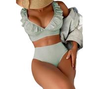 Female Bathing Suit Sexy Striped Ruffle Bikini Swimsuit Women Two-Piece Swimwear High Waisted Bikinis Sets for Beach, Swimming Pool(Green Striped,S)