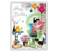 Female Birthday Card for Her - General Card for Women - Cat and Floral Design - Oriental Flower Garden and Kittens - Special Finishes and Illustrated Insert Leaf - Made in the UK