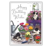 Female Birthday Card for Her - General Card for Women - Dog and Garden Design - Border Collie Puppies in Flower Pots - Special Finishes and Illustrated Insert Leaf - Made in the UK