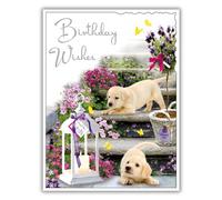 Female Birthday Card for Her - General Card for Women - Dog and Garden Design - Labrador Puppies - Special Finishes and Illustrated Insert Leaf - Made in the UK