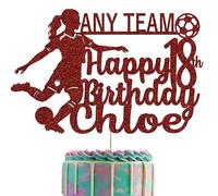 Female Footballer Glitter Cake Topper With Any Name, Age & Team (Red)