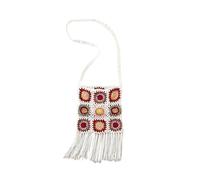 Female Granny Square Crochet Floral Eyelet Fringes Flap Side Sling Shoulder Bag Handbag(WHITE)