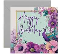 Female Happy Birthday Card, Beautiful Peacock and Floral Design, Square Card, Blank Inside with Envelope